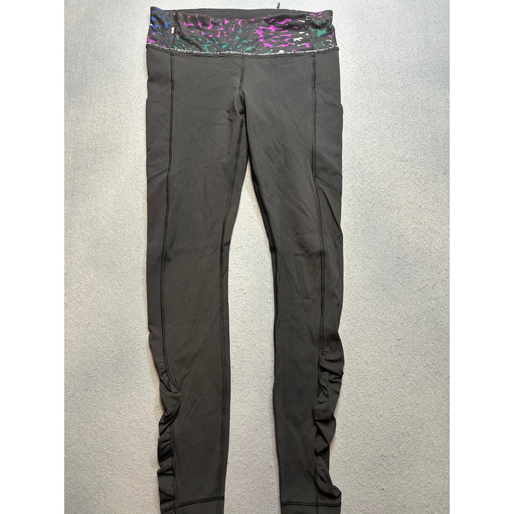 Lululemon Black Ruched Leggings Purple Teal Waist Pockets Yoga Pants size 6 -137